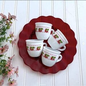 Vintage Cerve Italy Milk Glass Strawberry Demitasse Espresso Cups Teacups Set x4